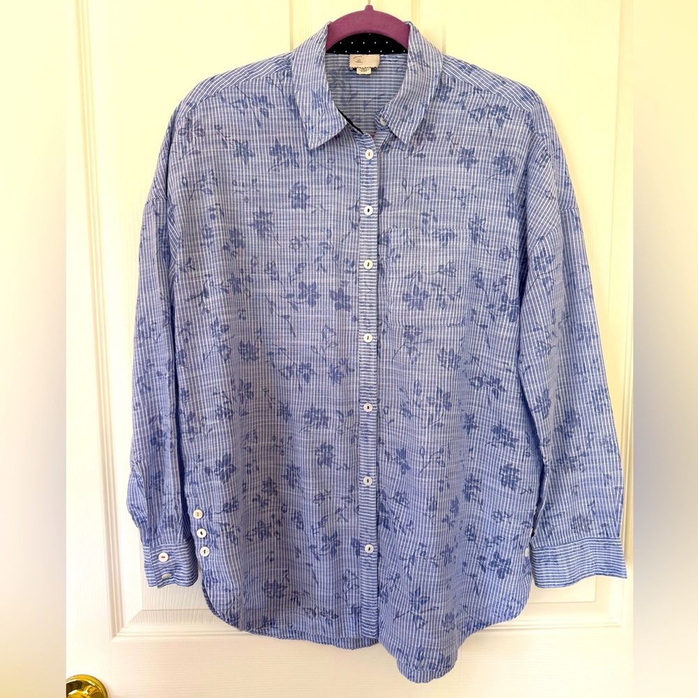 Anthropologie Postmark Pinstripe Floral Top Long Sleeve Blouse Button Down